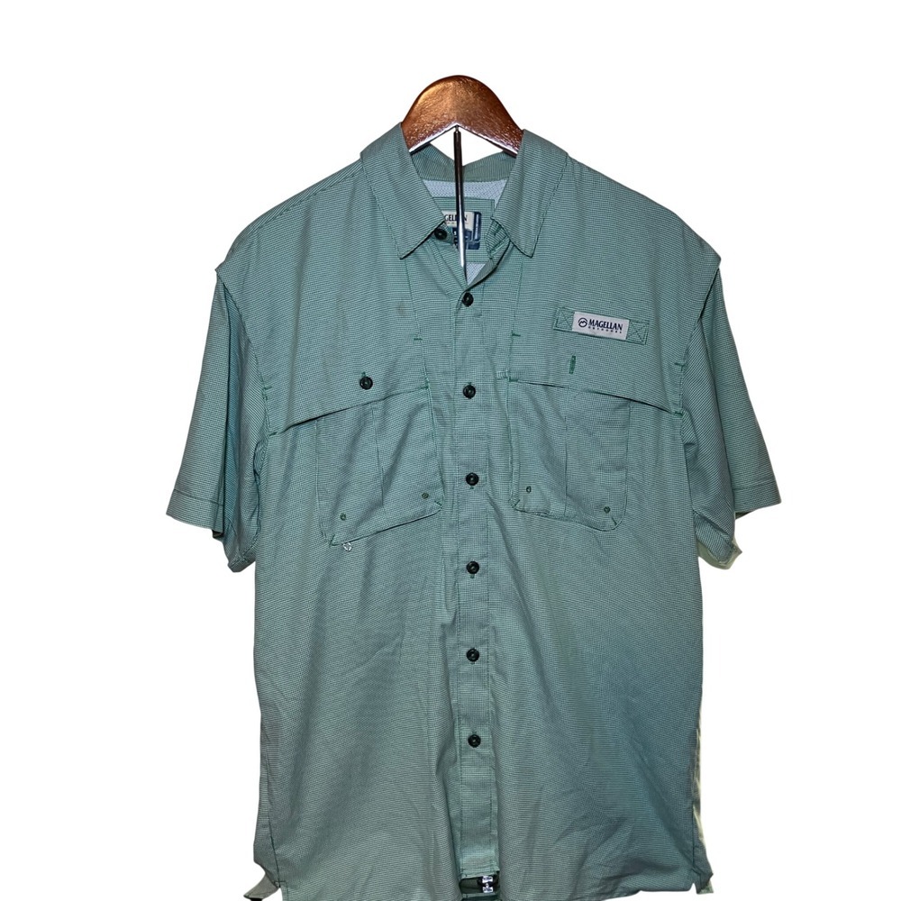 Magellan Mens Size M Outdoors Fishing Shirt Green Gingham Relaxed Fit